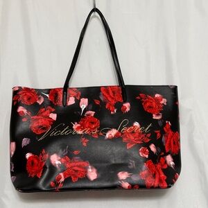 Victoria's Secret Black Tote with Red Floral Design